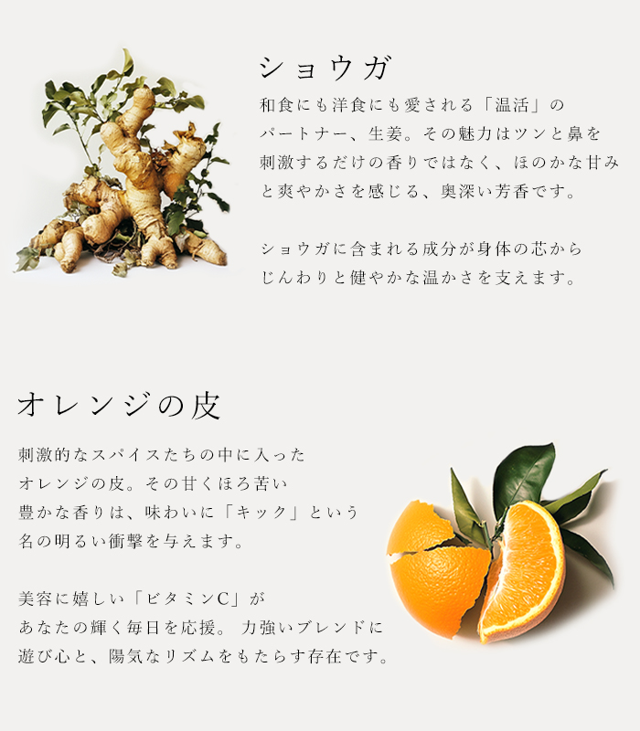 ハーブソルト「ホースラディッシュ&シトラスキック」の原材料生姜とオレンジの皮の説明