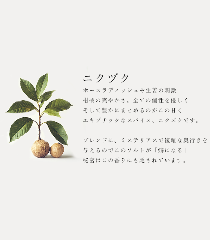 ハーブソルト「ホースラディッシュ&シトラスキック」の原材料ニクヅクの説明