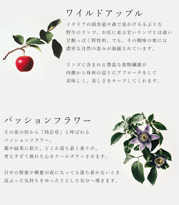 ハーブティ「チル」の原材料ワイルドアップルとパッションフラワーの説明